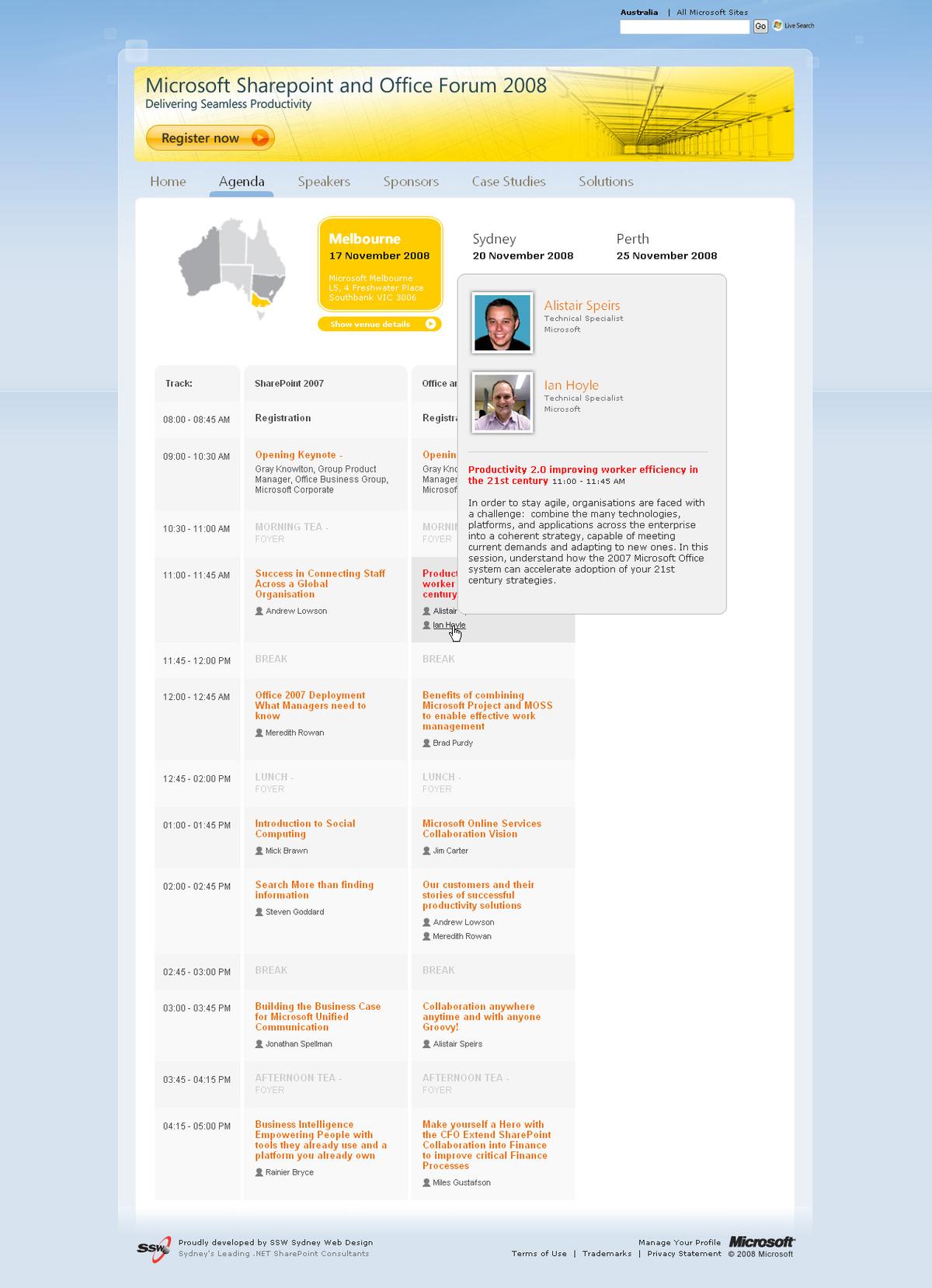 The Agenda page with speaker and presentation information displayed