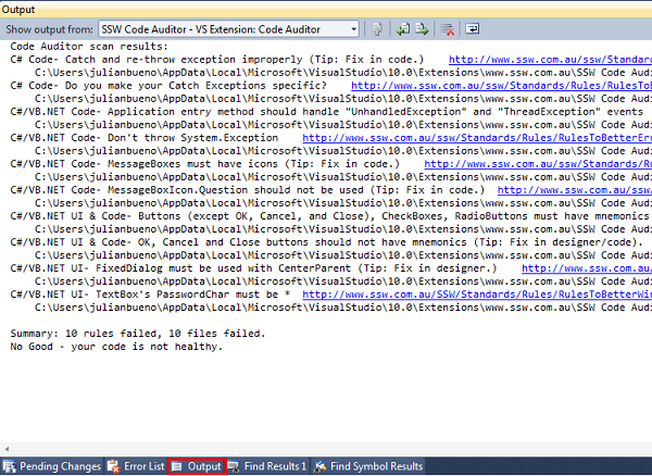 The result in Visual Studio Output panel