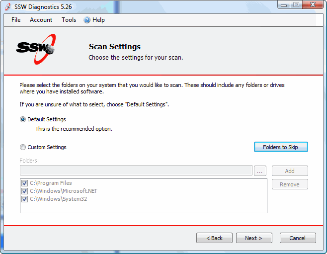 SSW Diagnostics - Settings