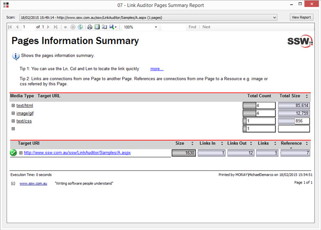 Pages Summary Report