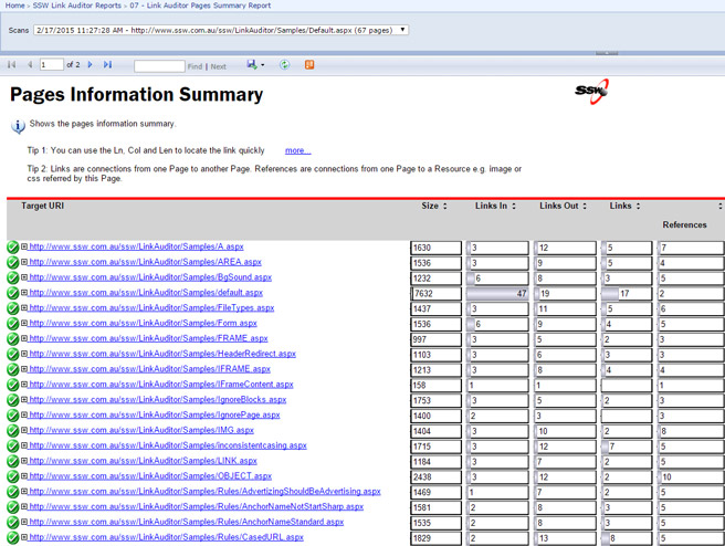 Pages Summary Report