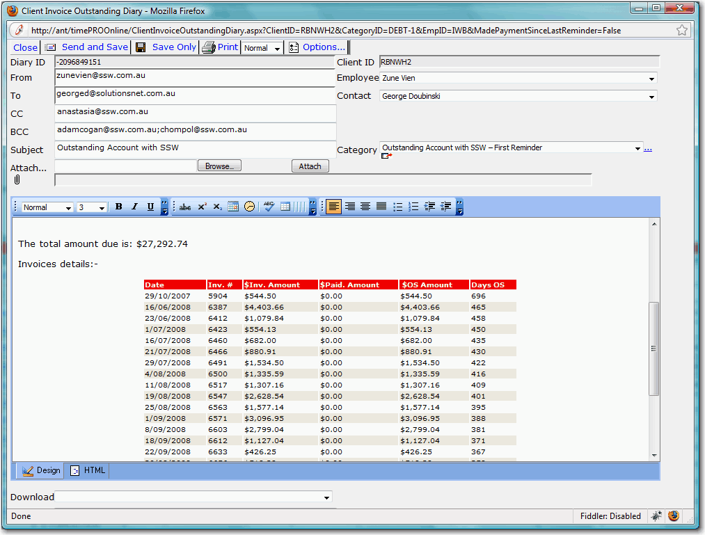 Client outstanding invoice details