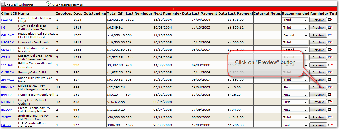 Client outstanding invoice list