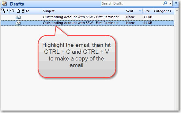 Copy of email template in draft folder