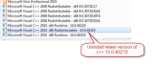 Uninstall Microsoft Visual c++ 2010 x86 Redistributable - 10.0.40219