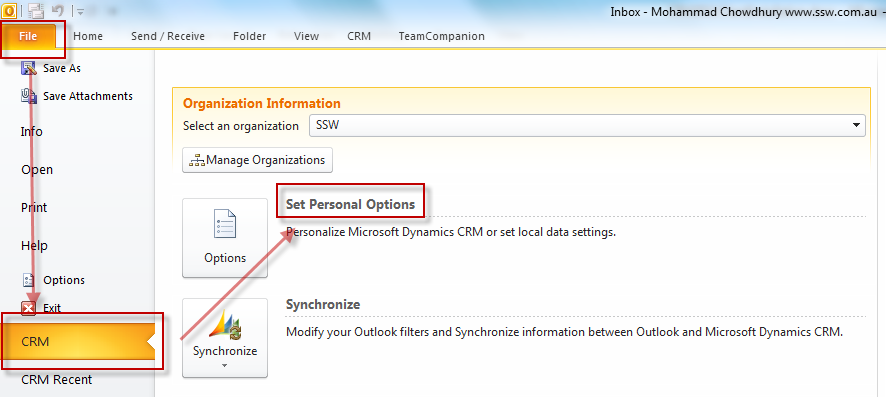 Outlook CRM Options