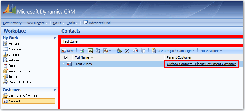 Outlook Contact without Parent Company