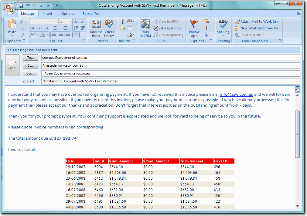 Sample outstanding invoice email with TimePRO details