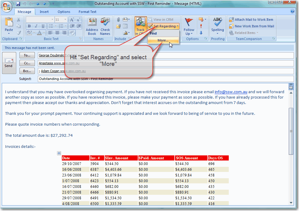 Set regarding for outstanding invoice email