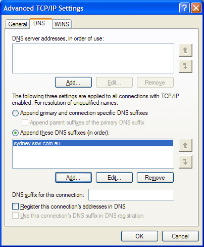 TCP/IP DNS properties