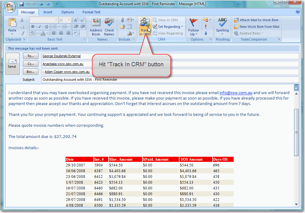 Track Outstanding Invoice email in CRM