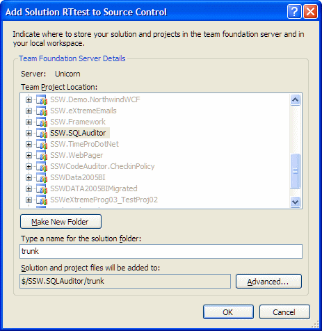 Select the team project you just created and enter "trunk" as the name for the solution folder