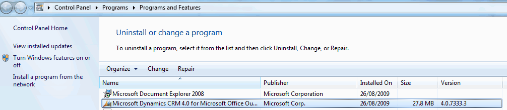 CRM in 'Programs and Features'