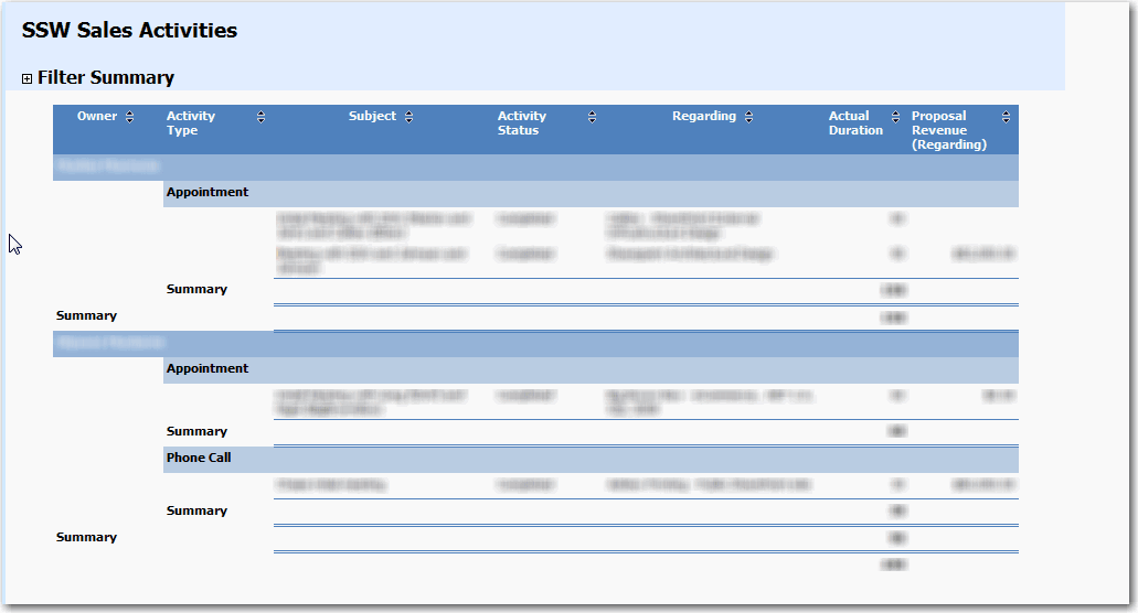 CRM report layout from Report Designer