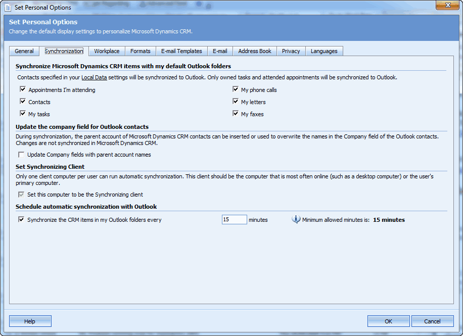 CRM Synchronization tab