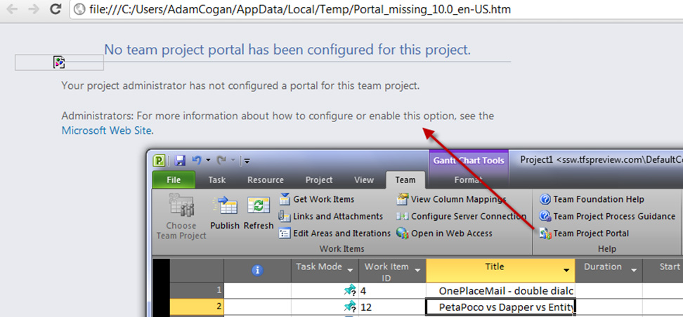 Clicking Team Project Portal should tell me it is not supported on TFSPreview.com