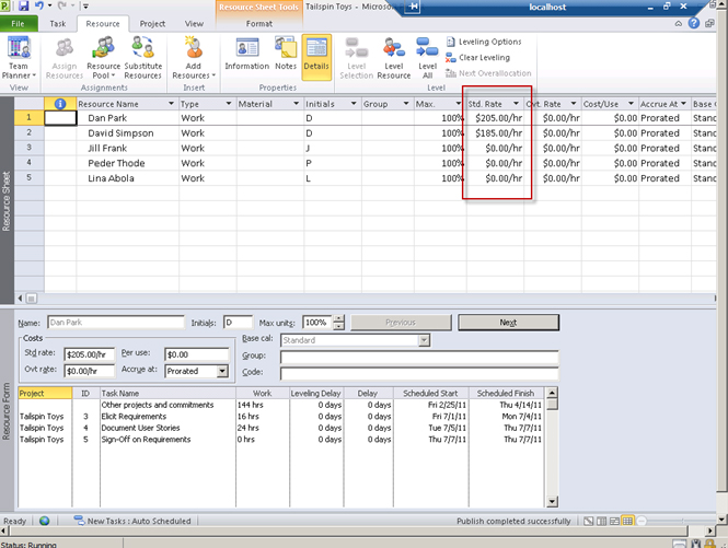 The Standard Rate field is lost when I close MS Project 