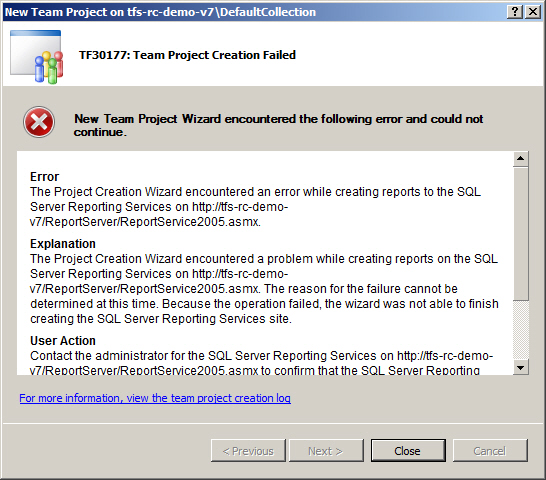 Failed to create a team project