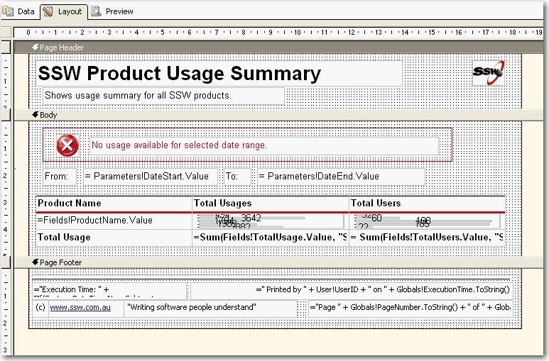 Footer in visual studio designer