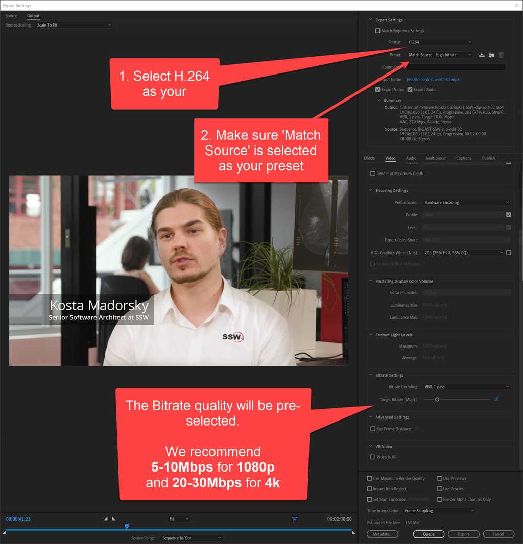 figure video export settings in premiere pro