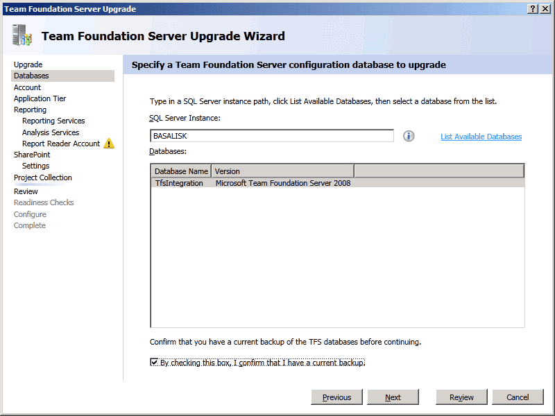 03 TFS Upgrade Wizard   Databases