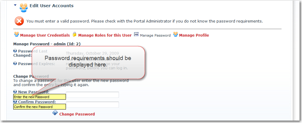 Password requirements error when updating password