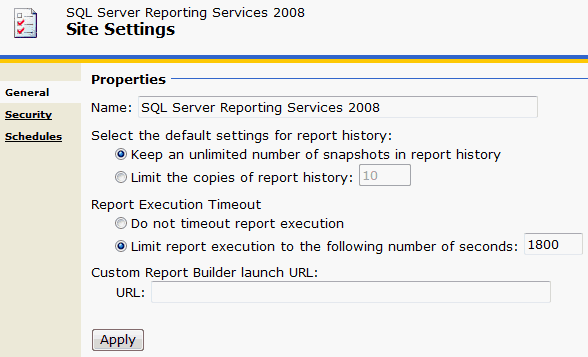 Site settings with version of SSRS 2008